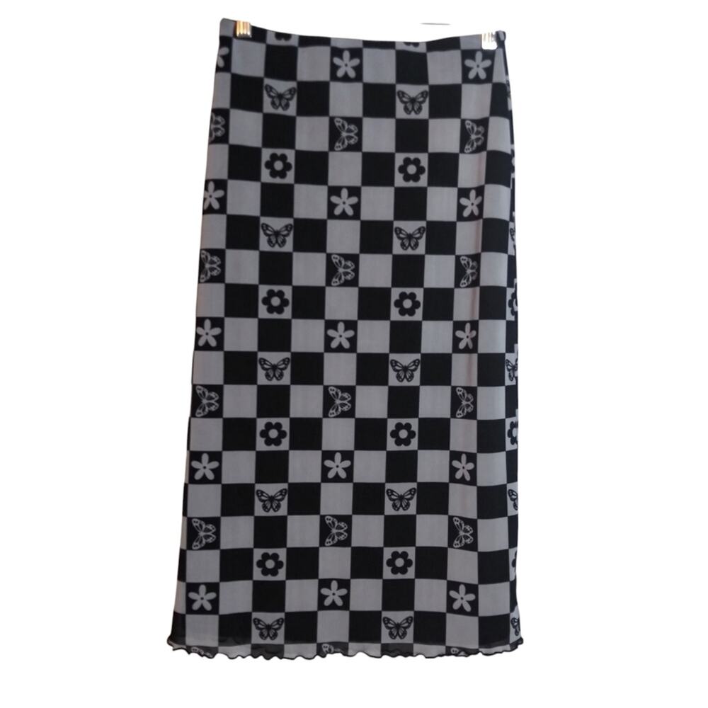 Forever 21 Checkerboard Mesh Overlay Midi Skirt Stretchy Size M